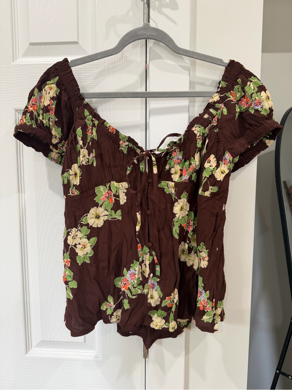 Free People Brown Floral Tie-Front Peasant Blouse